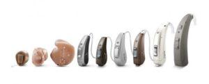 Line up of different hearing aid styles